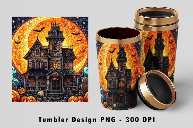 Haunted House Tumbler Wrap PNG Halloween Sublimation Art example image 1