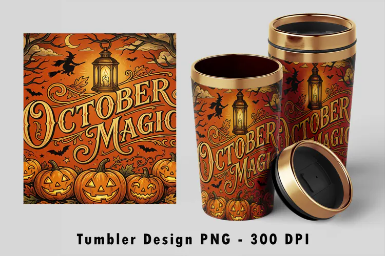 October Magic Tumbler Wrap PNG Halloween Sublimation Design