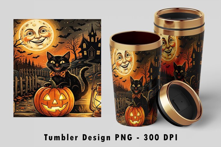 Black Cat Tumbler Wrap PNG Vintage Halloween Sublimation example image 1