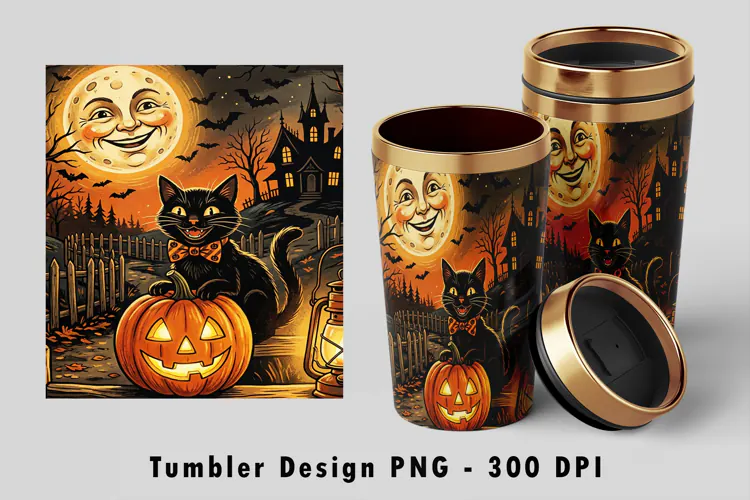 Black Cat Tumbler Wrap PNG Vintage Halloween Sublimation