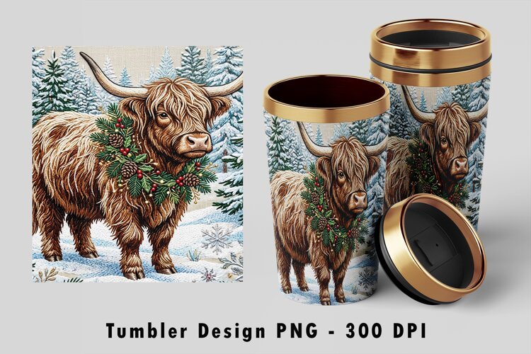 Highland Cow Winter Tumbler Wrap Sublimation PNG Design example image 1