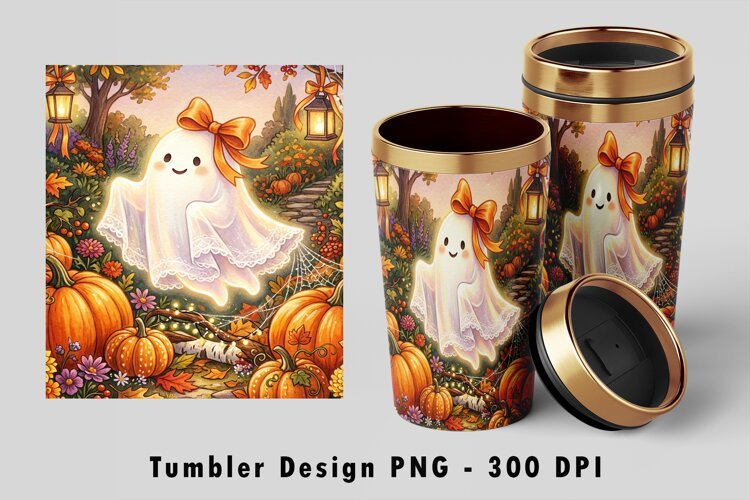 Bow Ghost Tumbler Wrap PNG Pumpkin Patch Sublimation Design example image 1