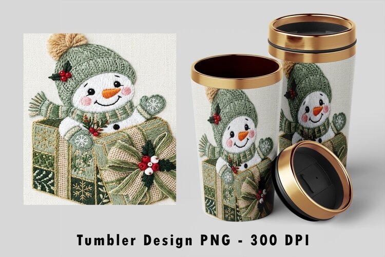 Embroidered Snowman Gift Tumbler Wrap Sublimation PNG Design example image 1