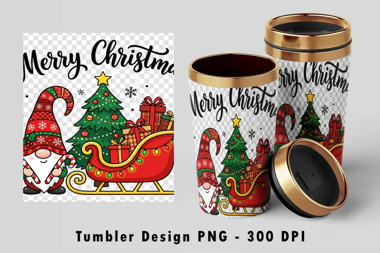 Merry Christmas Gnome Sleigh Tumbler Wrap Sublimation PNG De