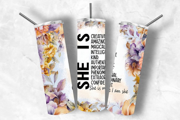 She is Creative Quote Watercolor 20oz Skinny Tumbler Design