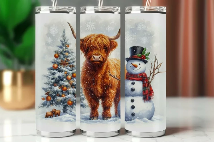 Tumbler Wrap 20 oz - highland cow snowman