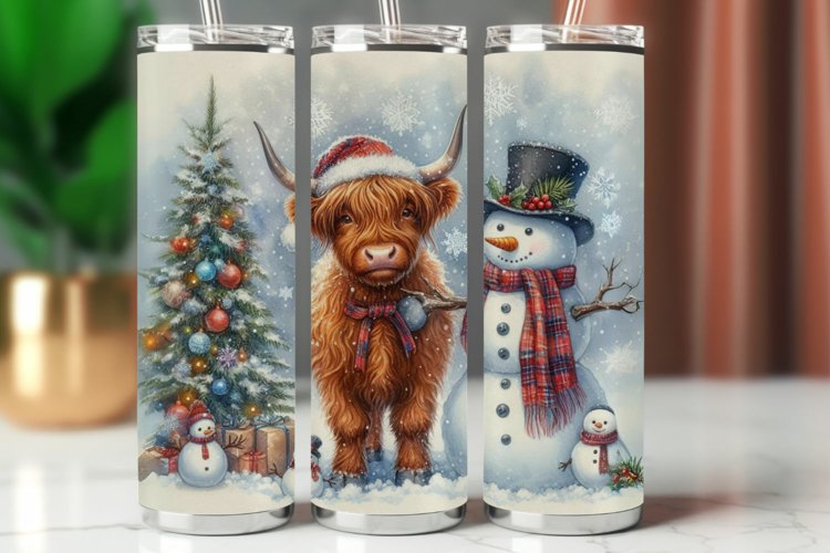 Tumbler Wrap 20 oz - highland cow snowman example image 1