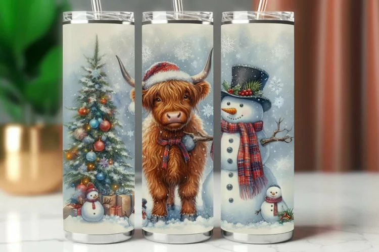 Tumbler Wrap 20 oz - highland cow snowman