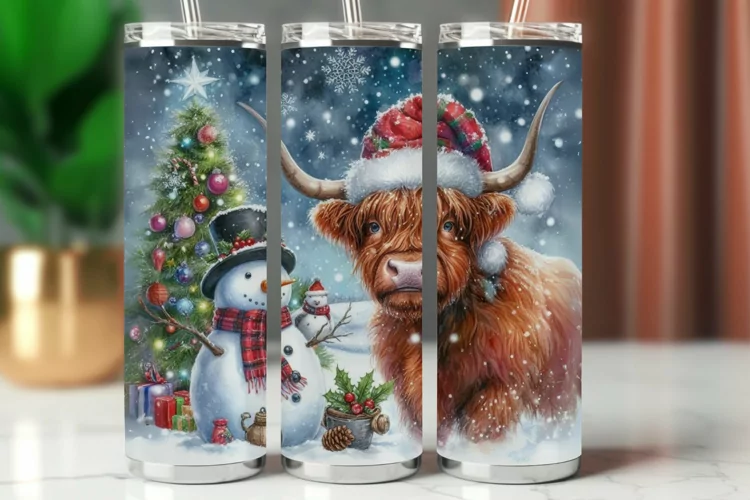 Tumbler Wrap 20 oz - highland cow snowman