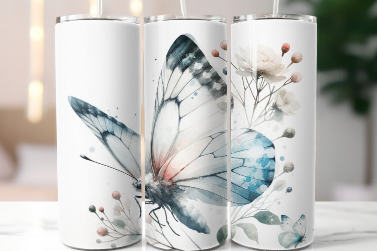 White Flowers Butterfly 20 oz Skinny Tumbler Wrap