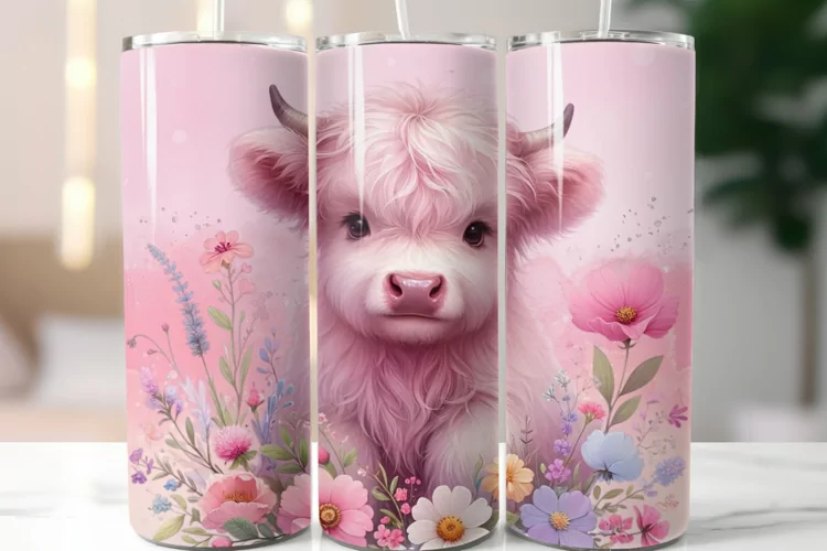 Baby Highland Cow Pink Floral 20 oz Tumbler Wrap Sublimation