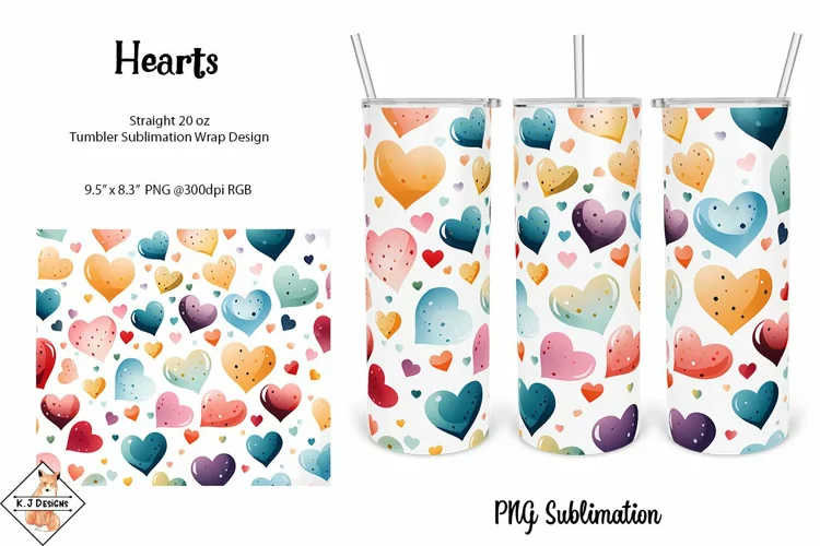 Tumbler wrap watercolor hearts design | Sublimation