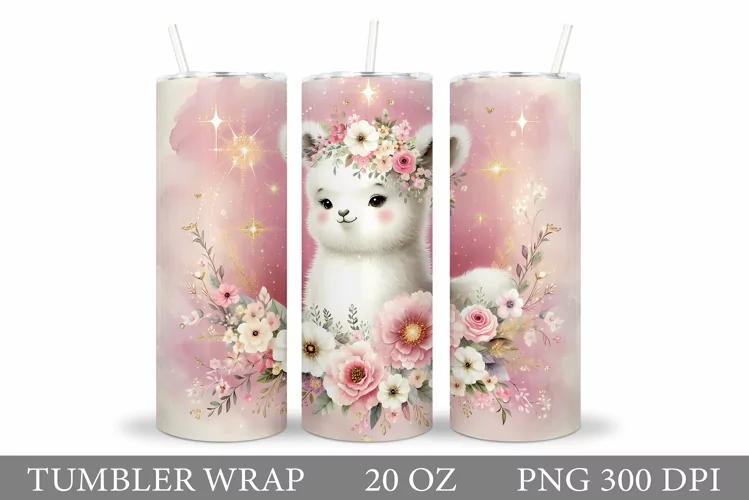 Cute Lama Tumbler Design. Lama Flowers Tumbler Sublimation