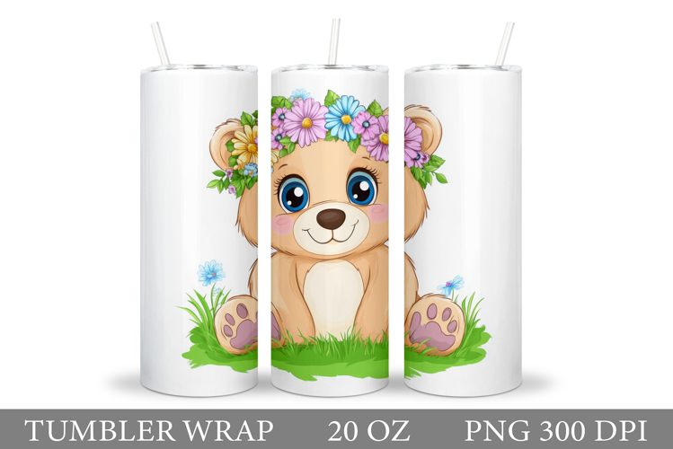 Cute Bear Tumbler Sublimation. Bear Flowers Tumbler Design