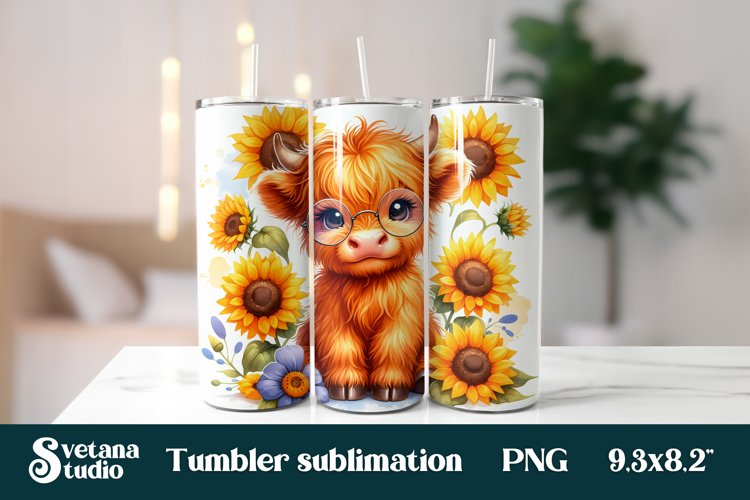 Cute baby highland cow glasses sunflower tumbler wrap 20 Oz