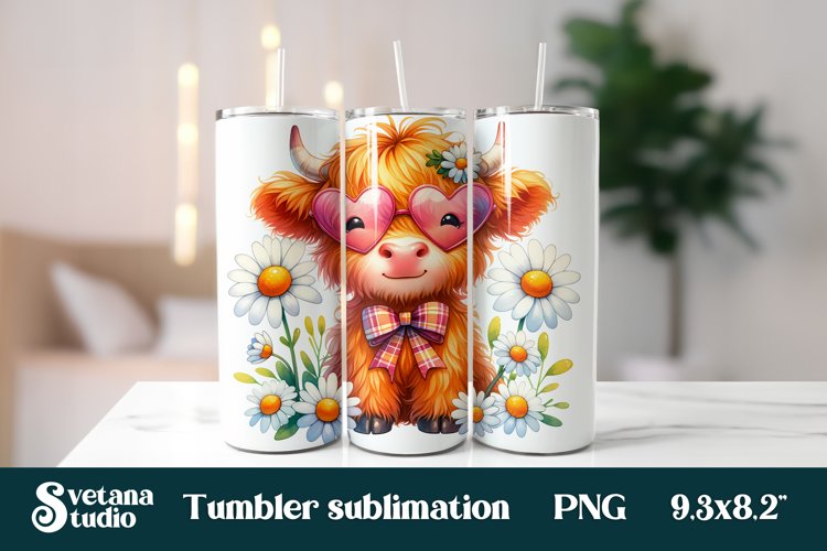 Baby highland cow glasses flower tumbler wrap sublimation
