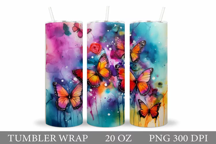 Butterfly Tumbler Sublimation. Flowers Tumbler Wrap Design