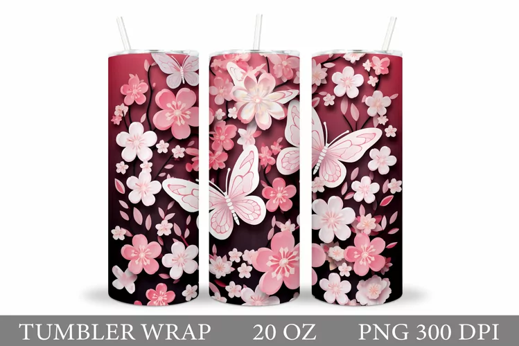 Butterfly Tumbler Sublimation. Flowers Tumbler Wrap Design