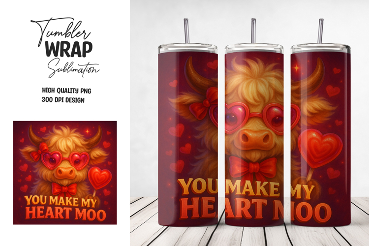 Valentine Cow Tumbler Wrap Sublimation PNG