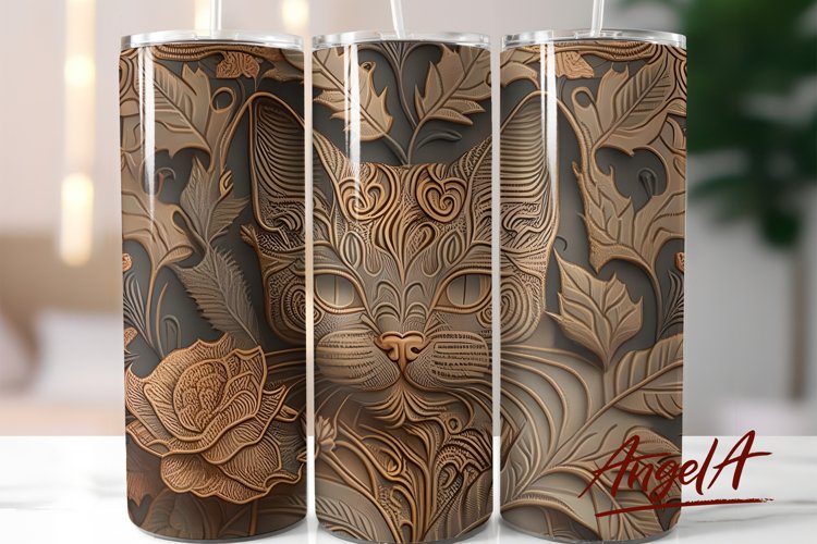 Cat sublimation tumbler / Tooled leather 3d animal tumbler