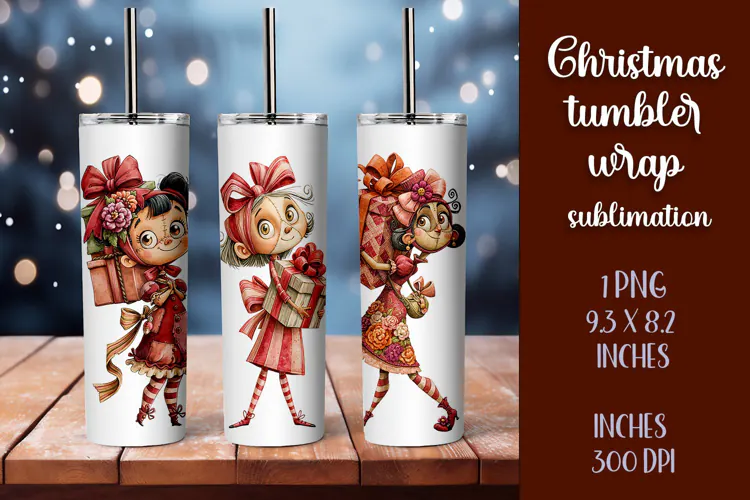 Cute and whimsical Christmas Girl Tumbler Wrap PNG 20oz