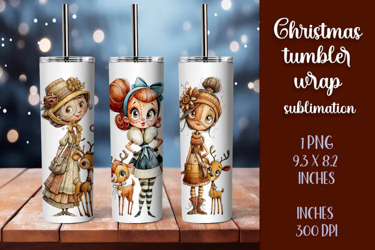 Cute and whimsical Christmas Girl Tumbler Wrap PNG 20oz