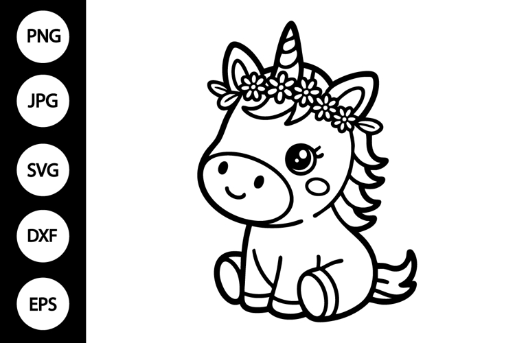 Cute Baby Unicorn Outline SVG