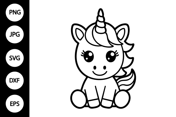 Cute Baby Unicorn Outline SVG