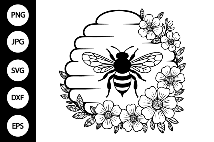 Bee with Flowers and Honeycomb SVG