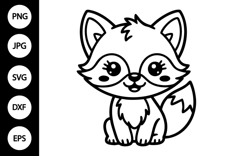 Kawaii Fox Outline SVG, Coloring Page