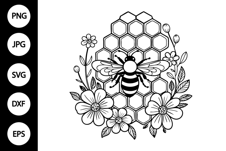 Bee with Flowers and Honeycomb SVG