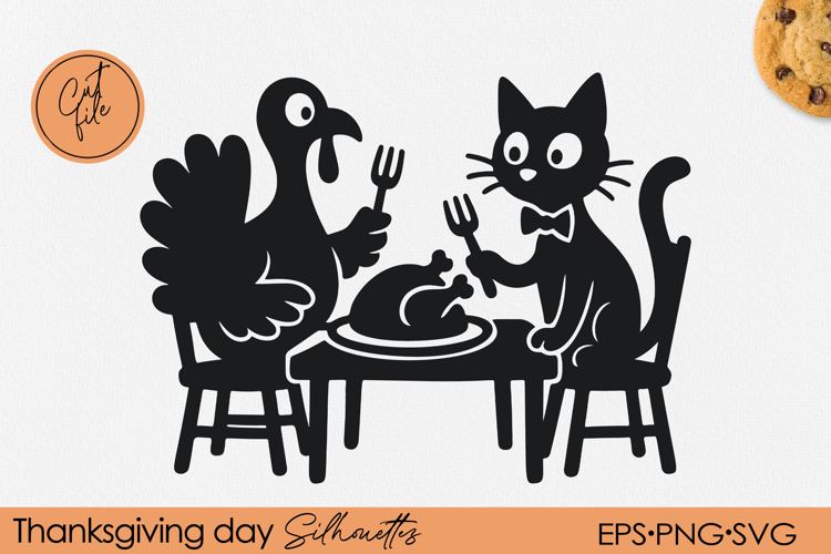 Turkey and Cat at Dinner Table Silhouette | PNG EPS SVG