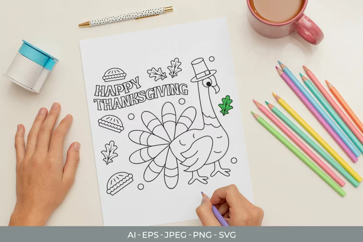 Happy Thanksgiving with Turkey Coloring Page