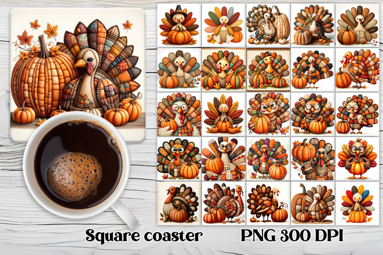 Thanksgiving turkey square coaster sublimation design example image 1