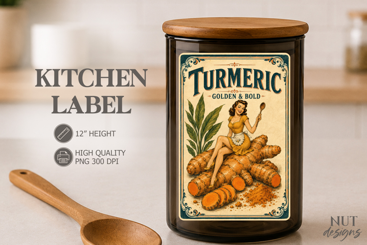 Pinup girl Vintage Turmeric Spice Kitchen Label pantry label