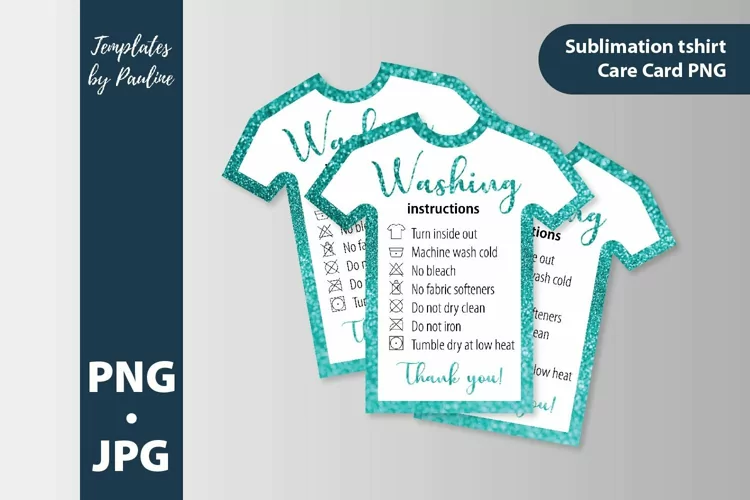 Teal glitter tshirt washing instructions card. Care card PNG