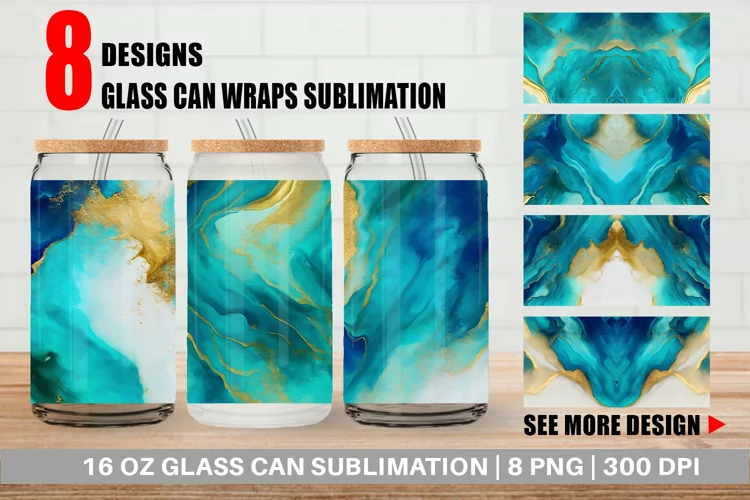 Turquoise Watercolor Ink Glass Can Wraps