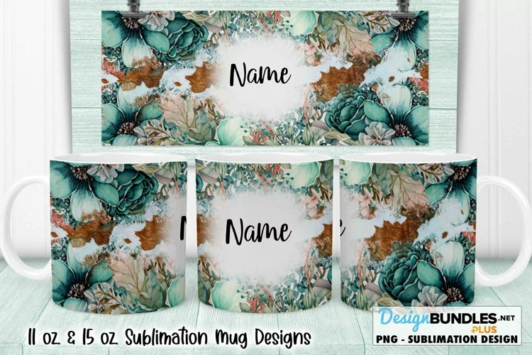 Turquoise Flowers Cowhide Sublimation Design 11 & 15 oz. Mug