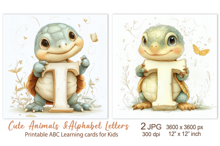 Cute Turtle, Baby Animal Alphabet Letters ABC Printable card
