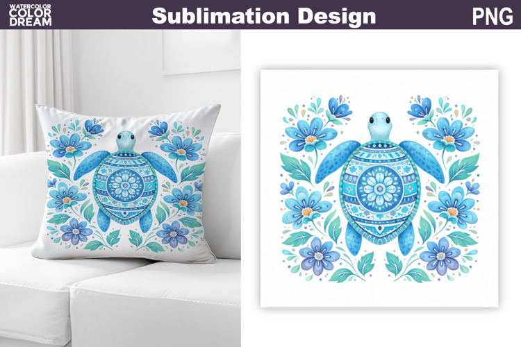 Blue Folk Turtle Sublimation | Summer Animal Floral Pillow