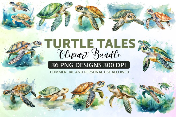 Watercolor Turtle Tales Clipart Bundle