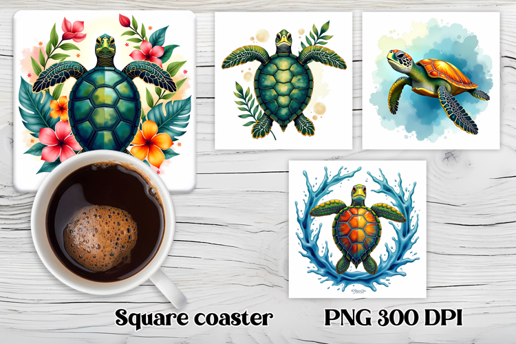 Sea turtle square coaster | Cute ocean animal coaster PNG