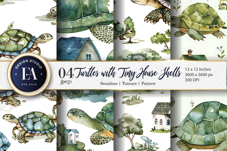 Tiny House Turtles Digital Paper | Turtle Watercolor Pattern