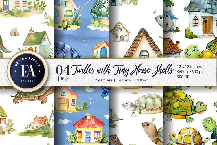 Turtle House Artwork Digital Paper | Turtle Watercolor