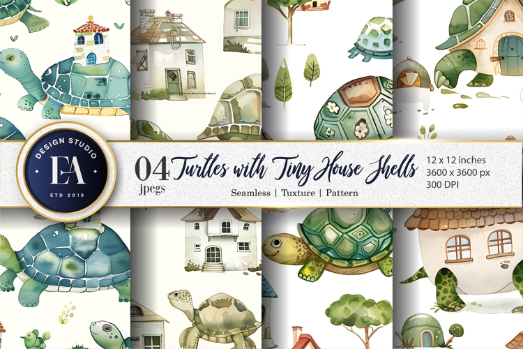 Tiny House Turtles Digital Paper | Turtle Watercolor Pattern