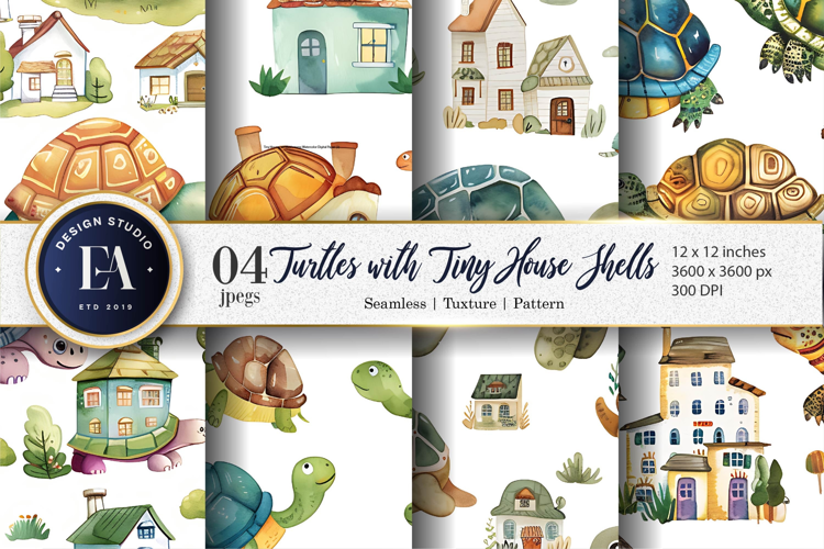 Tiny House Turtles Digital Paper | Turtle Watercolor Pattern