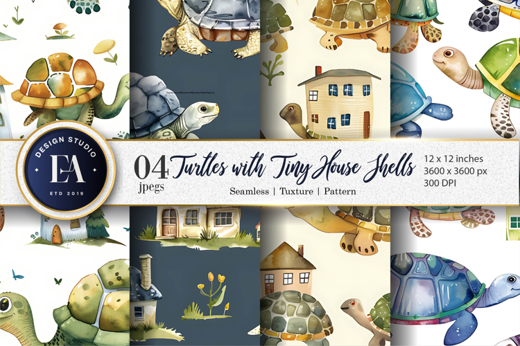 Turtle House Artwork Digital Paper | Turtle Watercolor