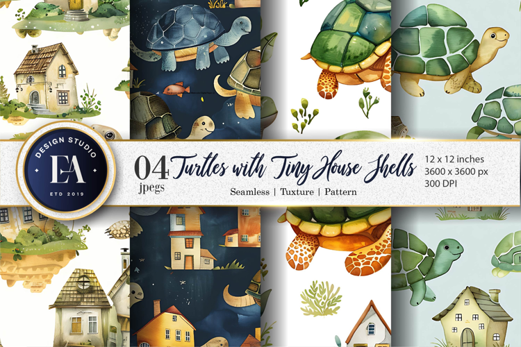 Turtle House Artwork Digital Paper | Turtle Watercolor