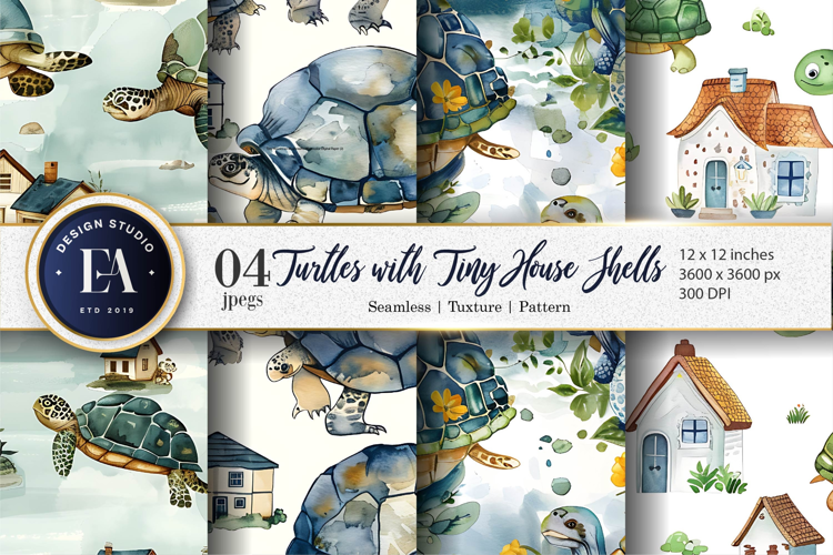Turtles with Tiny House Shells Watercolor Digital Paper