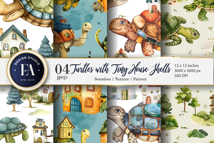 Turtles with Tiny House Shells Watercolor Digital Paper